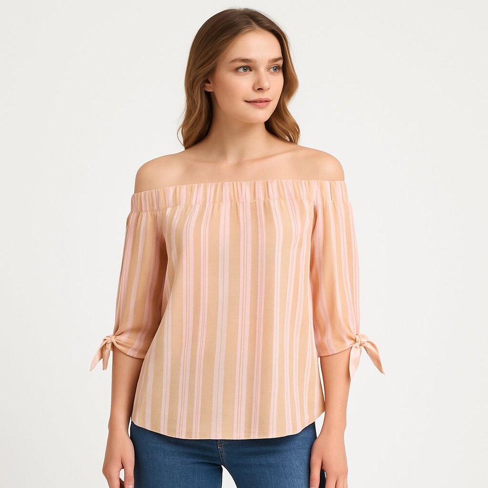 Belle Tweed Pink Striped Off Shoulder Top S Tie Sleeves Boho Y2k Cottagecore